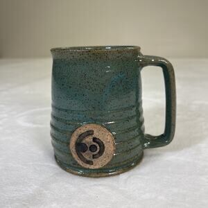 Fatty Frog Pots Pottery Studio Art Pottery Signed Green Mug Ribbed Speckled 4.5"